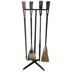 Modern Hand-Hammered Steel or Chrome Fireplace Tool Set