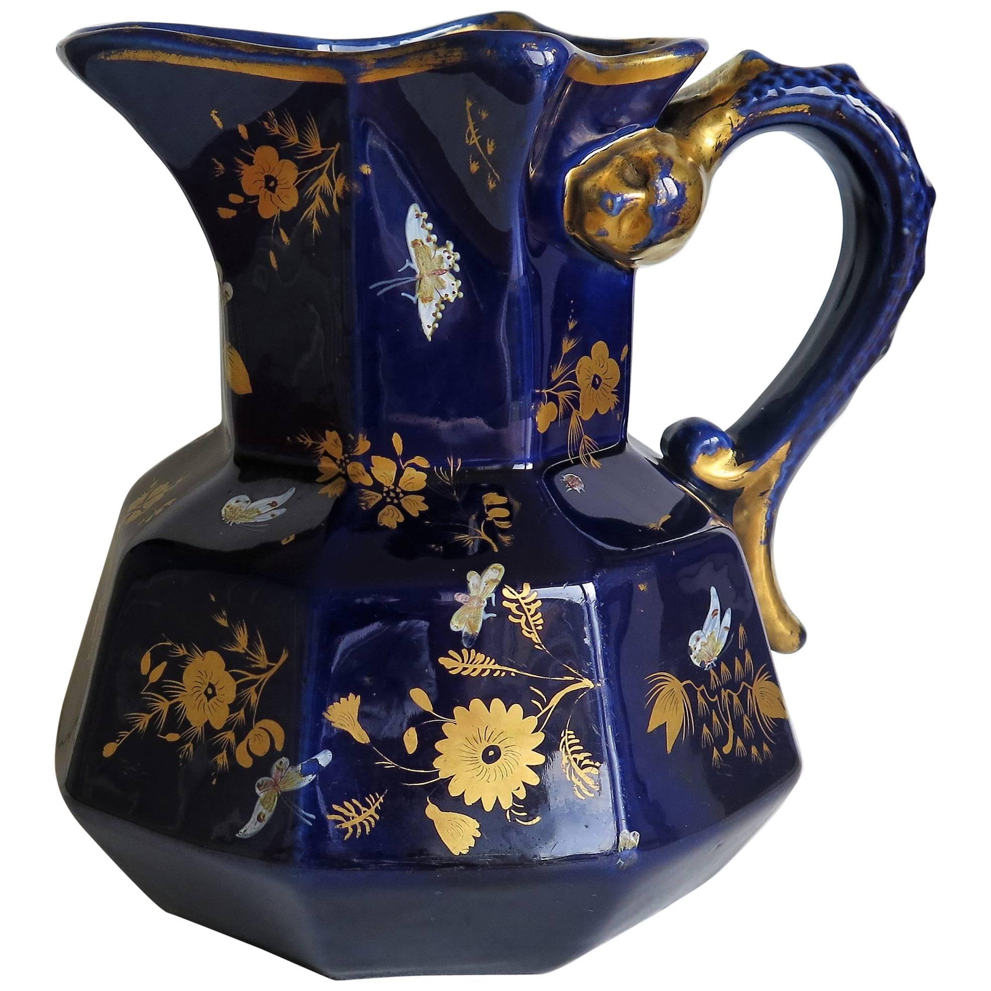 Large Early Masons Ironstone Jug or Pitcher Hand-Painted Butterflies, Circa 1825