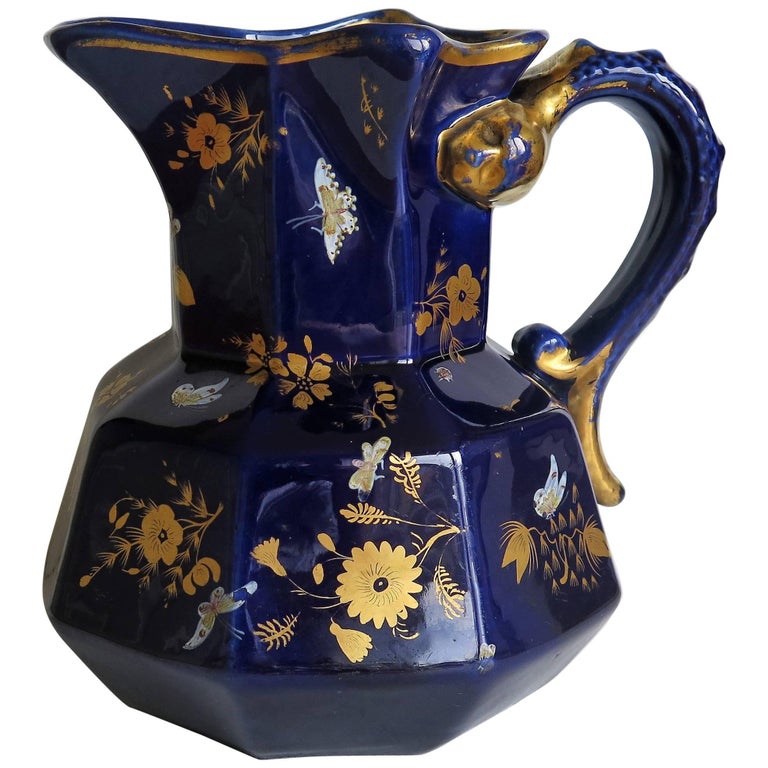 Large Early Masons Ironstone Jug or Pitcher Hand-Painted Butterflies, Circa 1825 For Sale