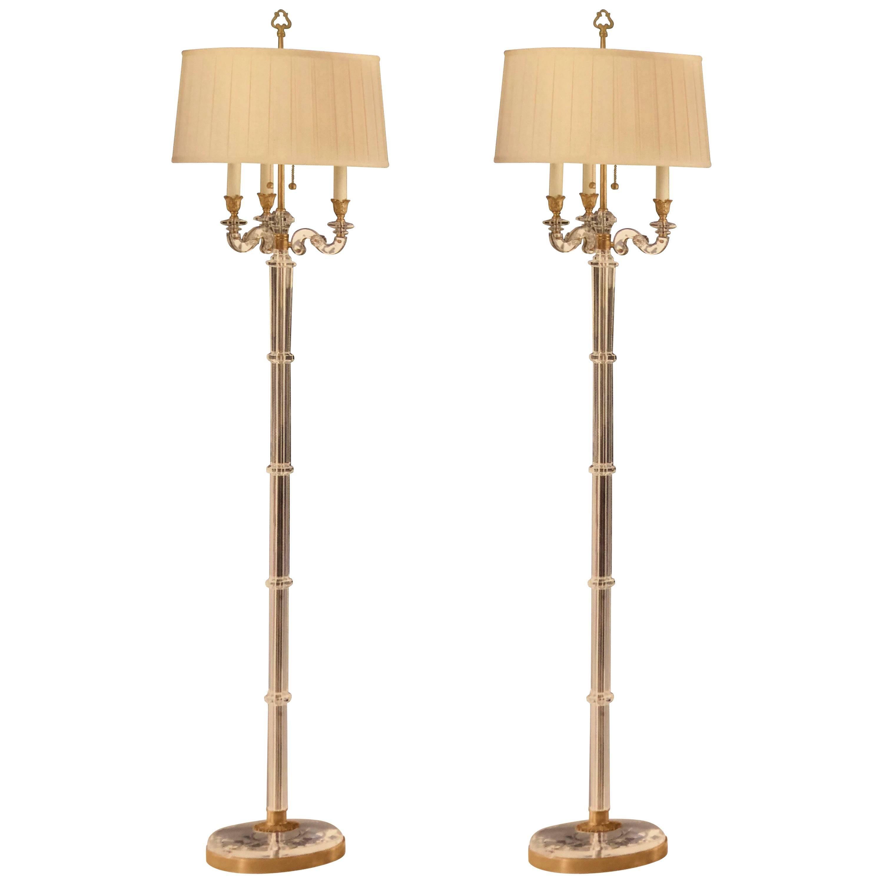 Italian Modern Neoclassical Style Crystal & Brass Floor Lamp, Maison Baguès Pair