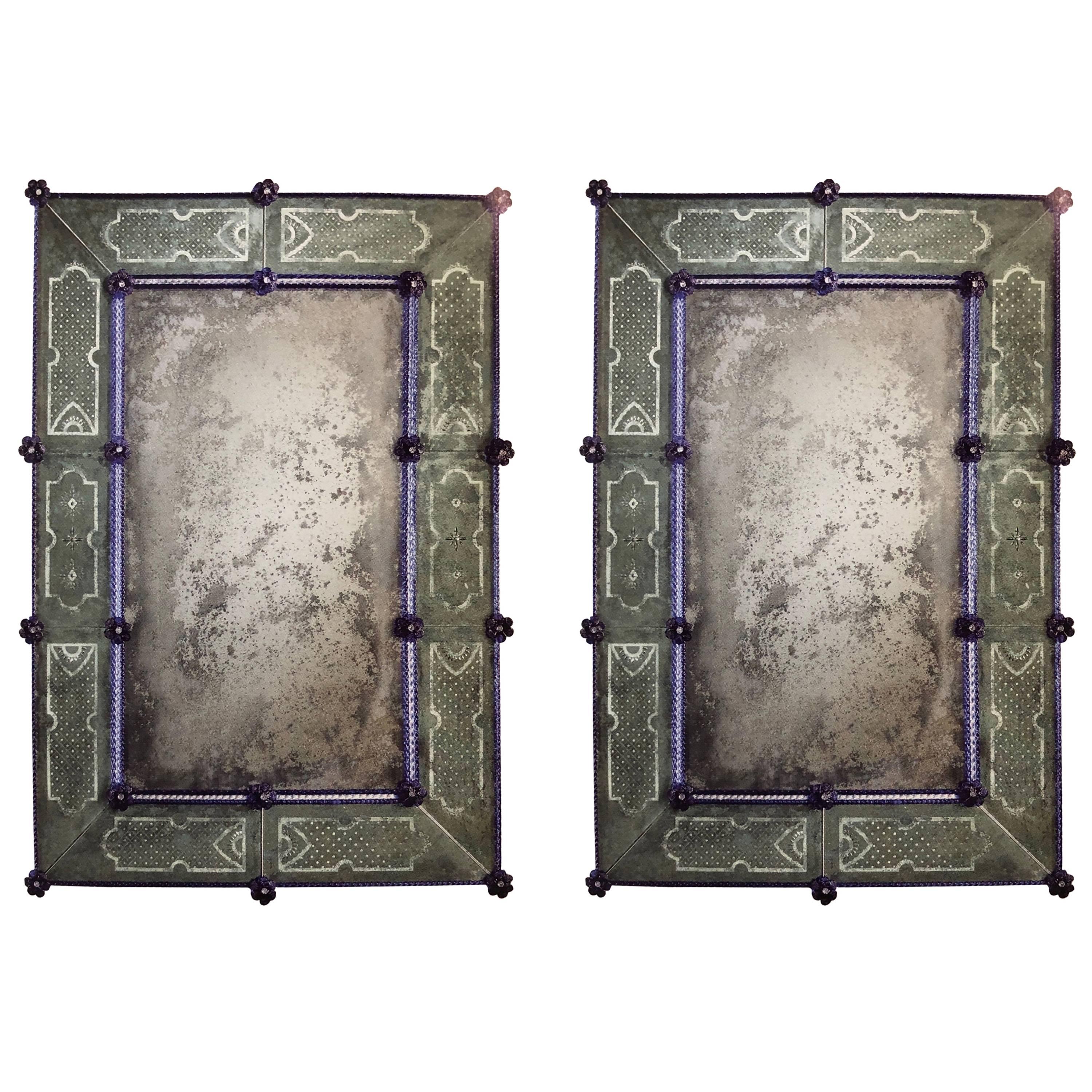 Two Italian 18th Century Style Antiqued and Etched Venetian/Murano Glass Mirrors