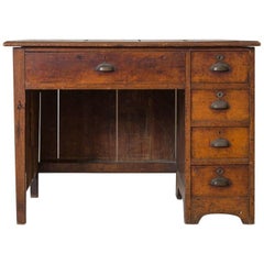 Vintage Rustic Oak Library Desk with Five Drawers with Keyhole Details