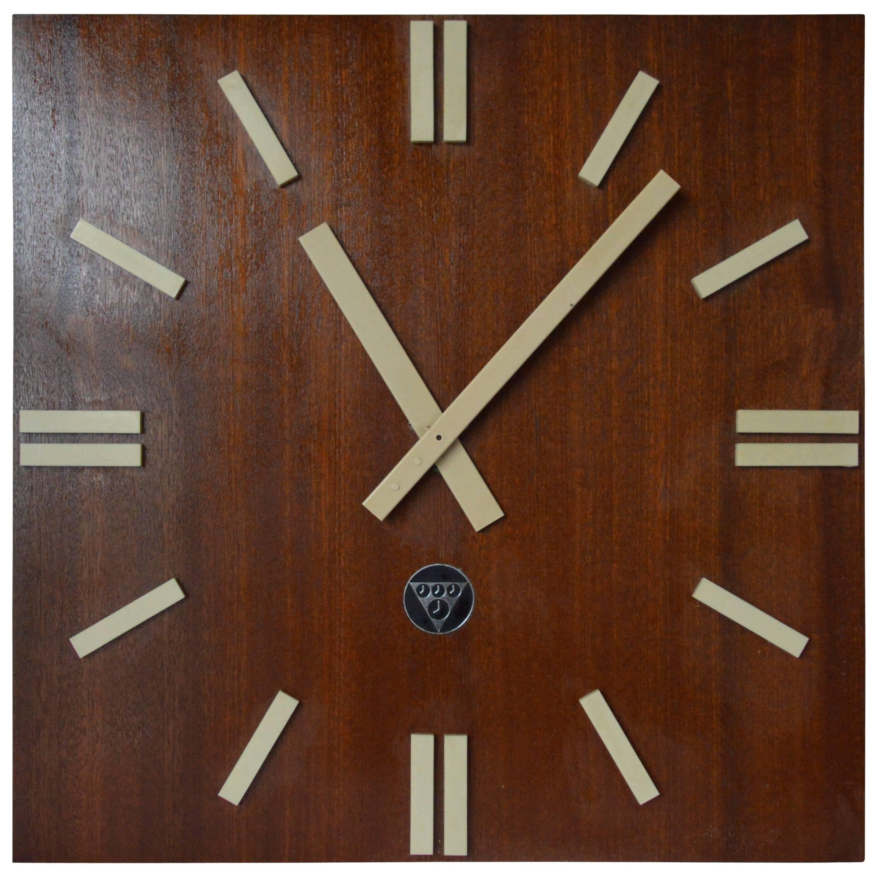 Large Midcentury Pragotron Industrial Wooden Wall Clock Type PPH 410, 1980s