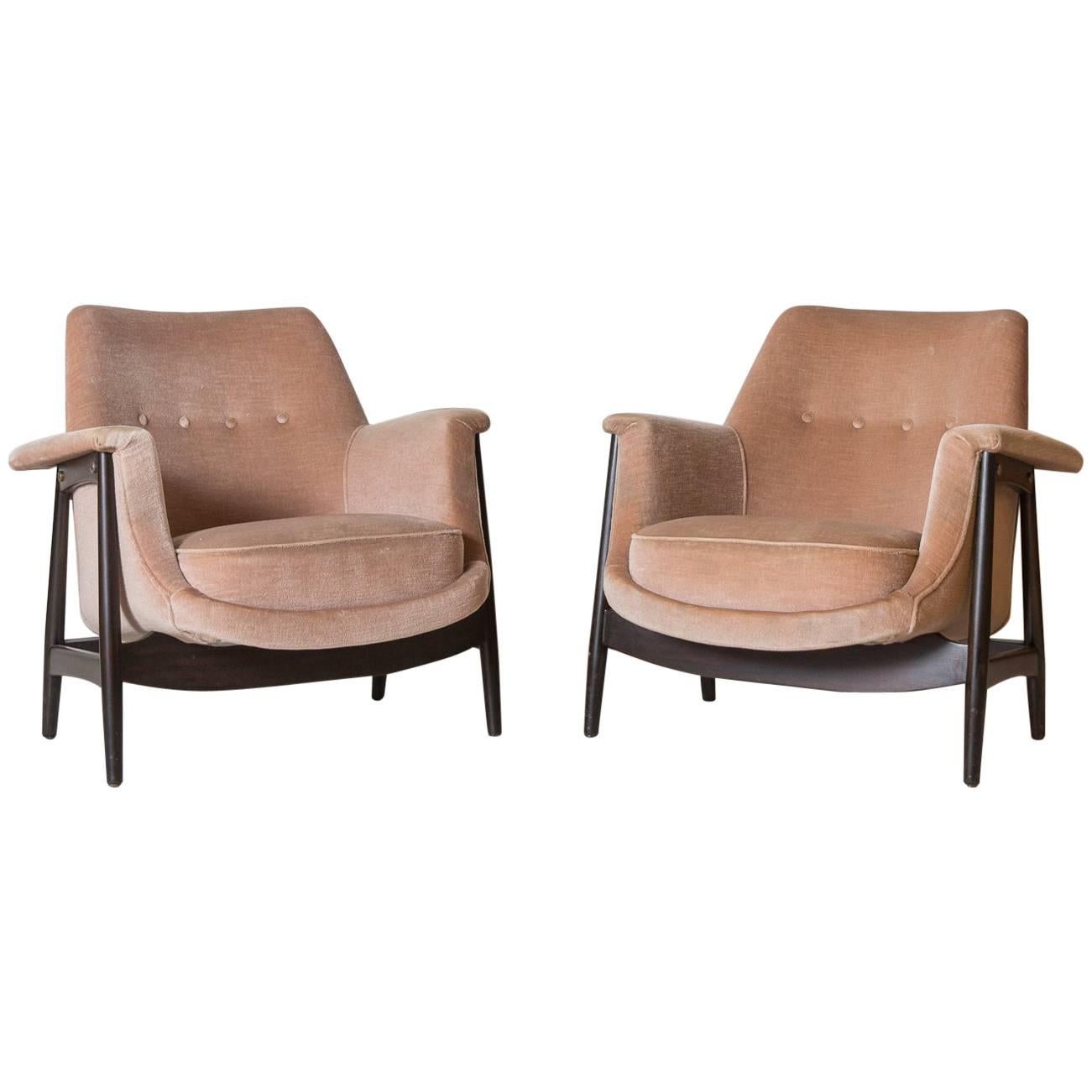 Knoll Midcentury Club Chairs Upholstered in Velvet with Exposed Mahogany Base