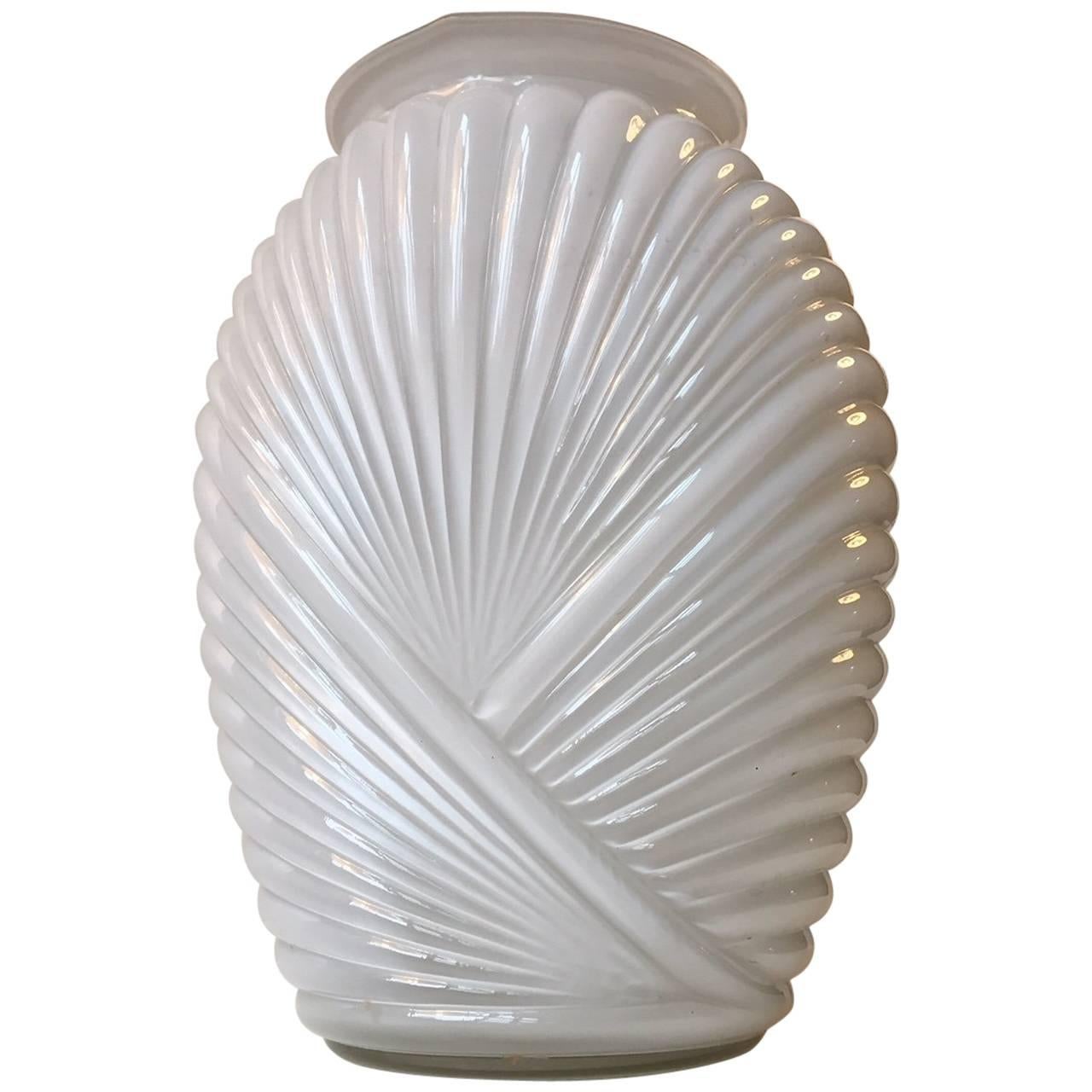 Ribbed Art Deco Vase in Cased White Opaline Glass, 1930s