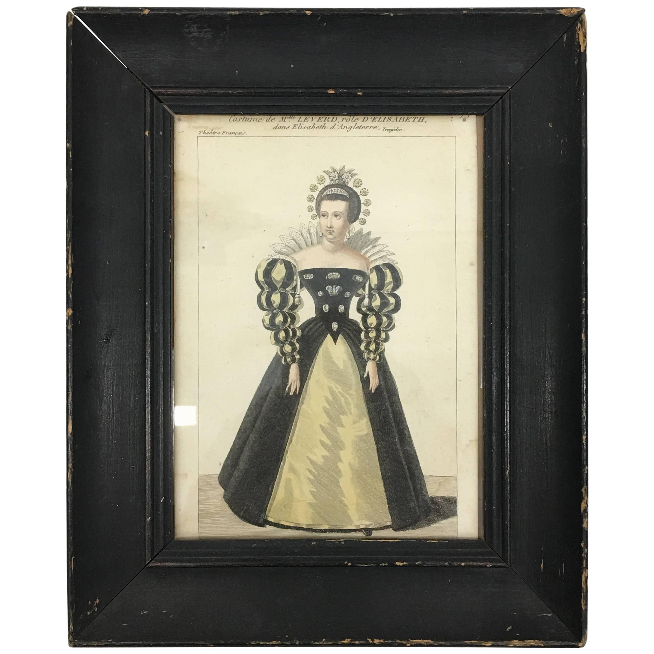 Antique Queen Elizabeth Portrait on Paper with Original Frame