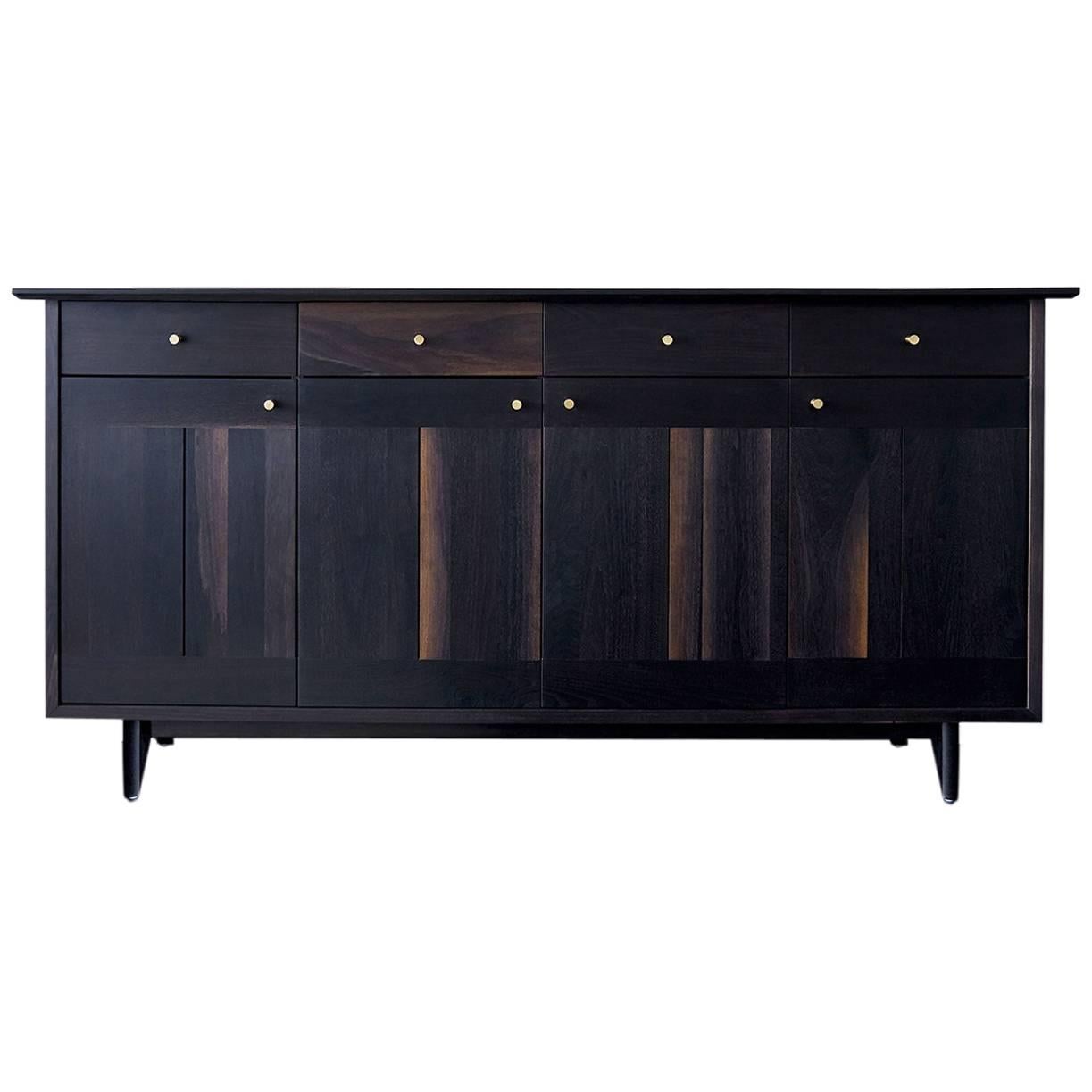 Spring Sideboard, Oxidized Walnut with Turned Brass Pulls For Sale