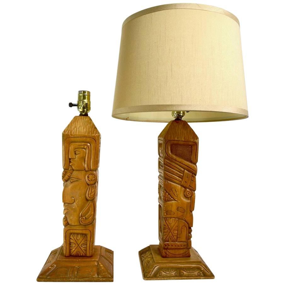 Pair of Aztec Motif Carved Wood Tiki Lamps For Sale
