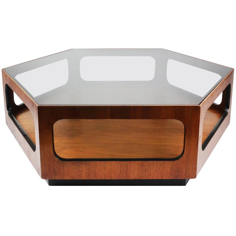 Lane Walnut And Smoked Glass Hexagonal Coffee Table At 1stdibs