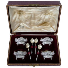 Labat French Sterling Silver 18-Karat Gold Four Salt Cellars, Spoons, Box