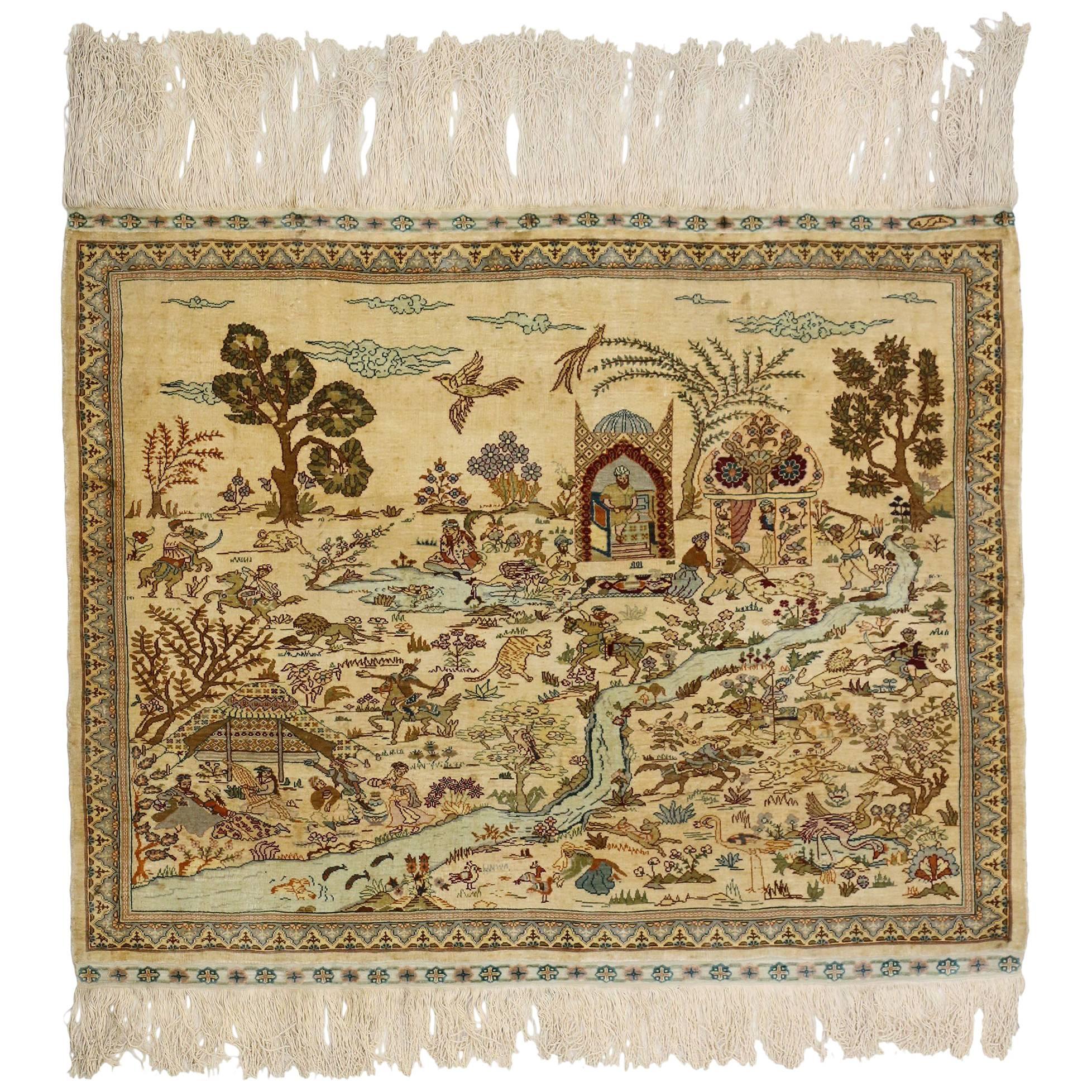 Vintage Turkish Silk Hereke Rug with Hunting Scene, Silk Tapestry Wall