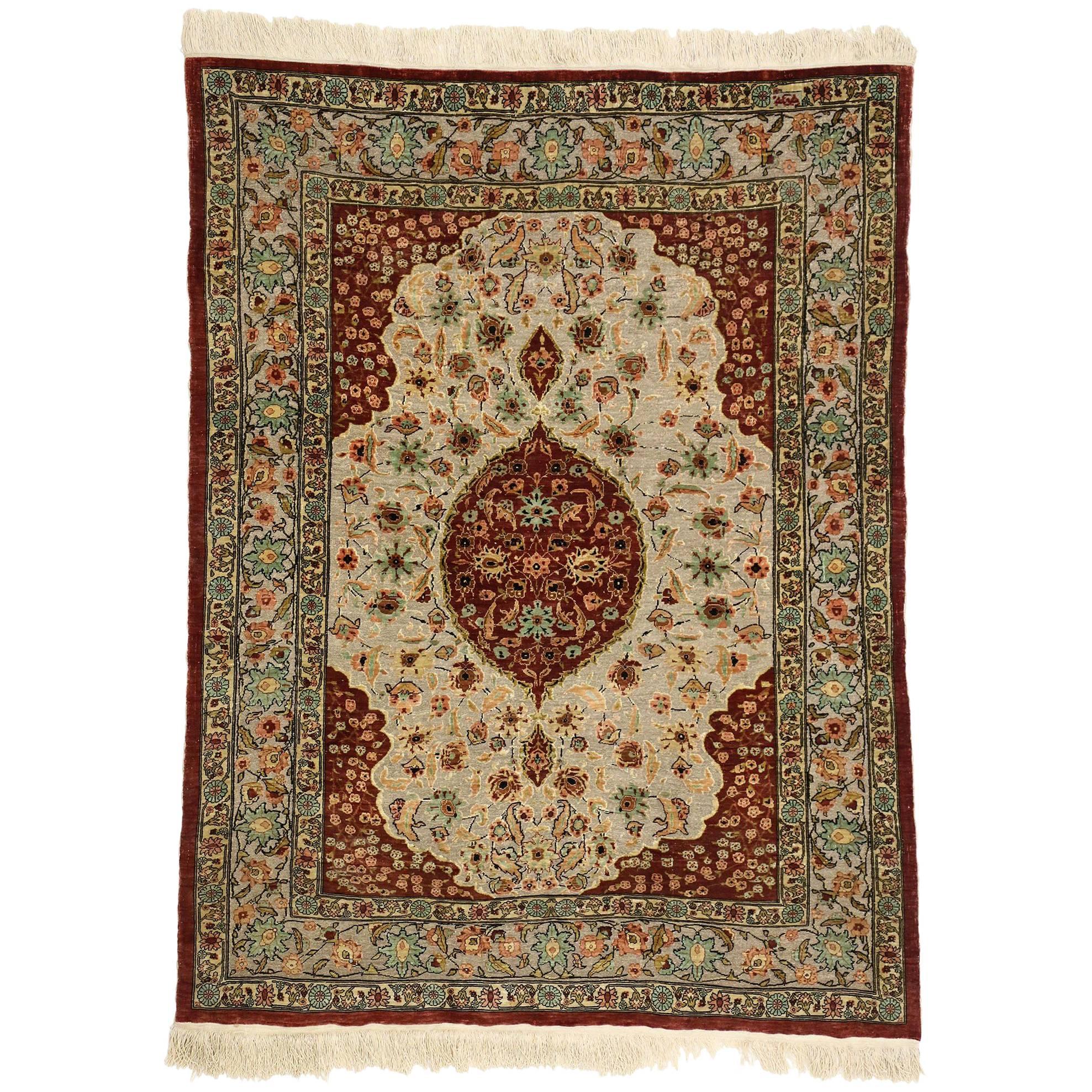 Antique Turkish Silk and Gold Hereke Tapestry with Flower of the Seven Mountains For Sale