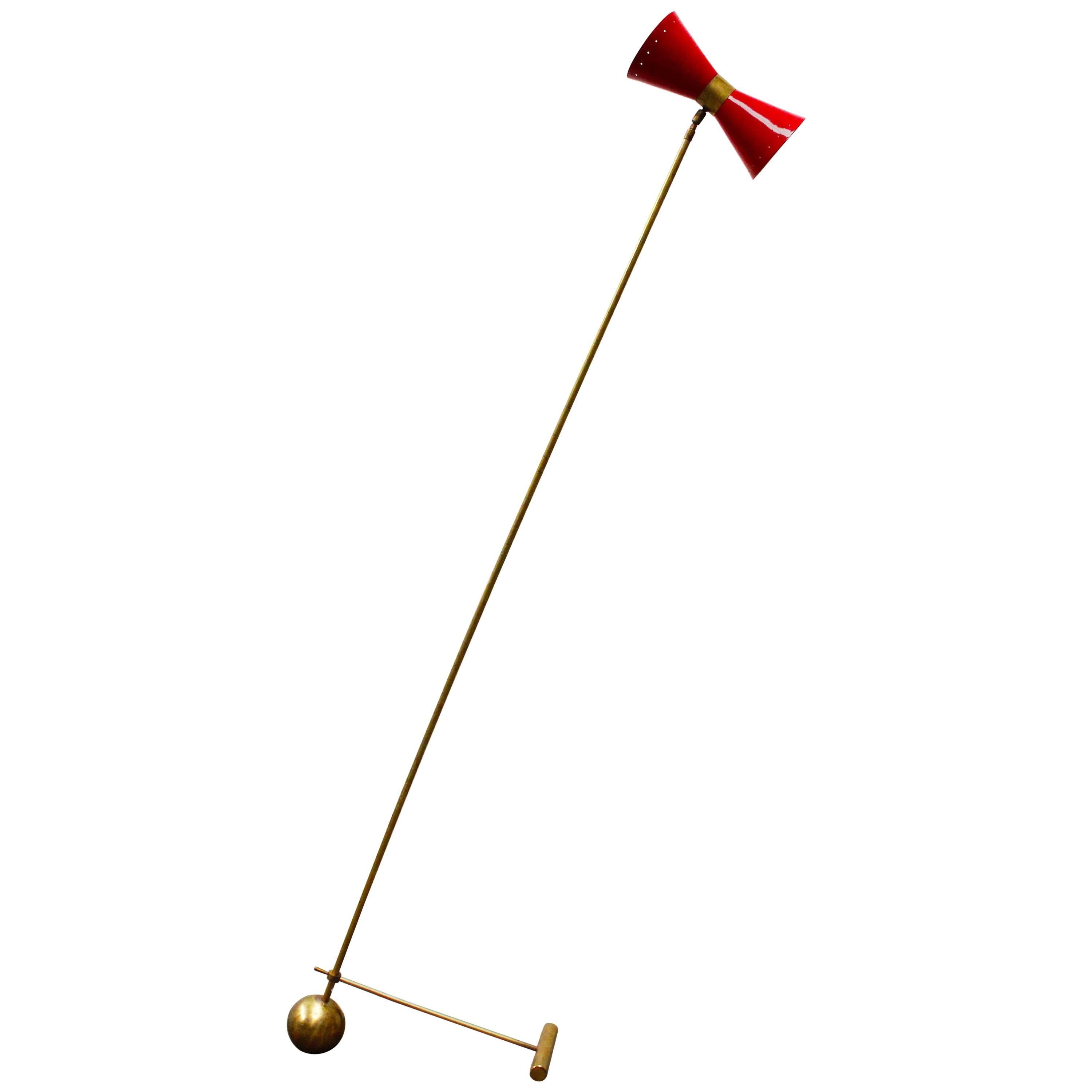 Midcentury Design Italian Brass Floor Lamp Style of 1950s Stilnovo, Gold Red