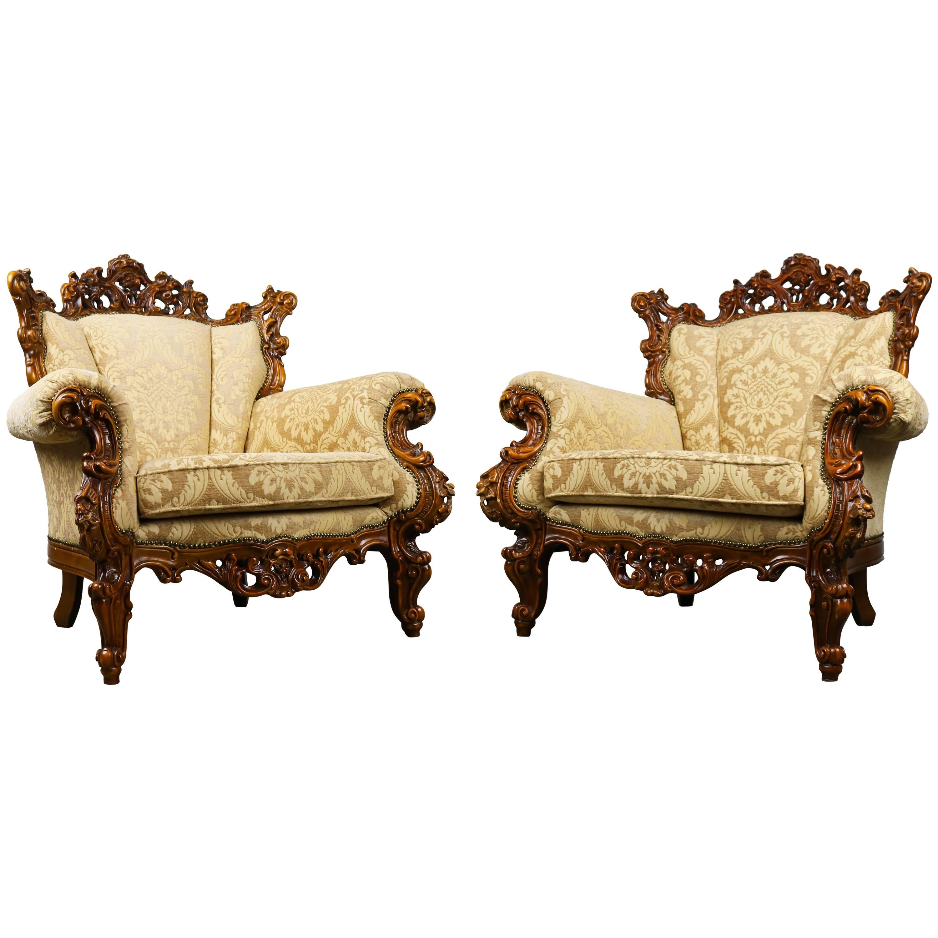 Luxurious Antique Italian Lounge Chairs in Rococo / Baroque Style Brown Beige For Sale
