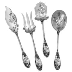 Gabert French Sterling Silver Hors D'oeuvre Dessert Set Four-Piece, Art Nouveau