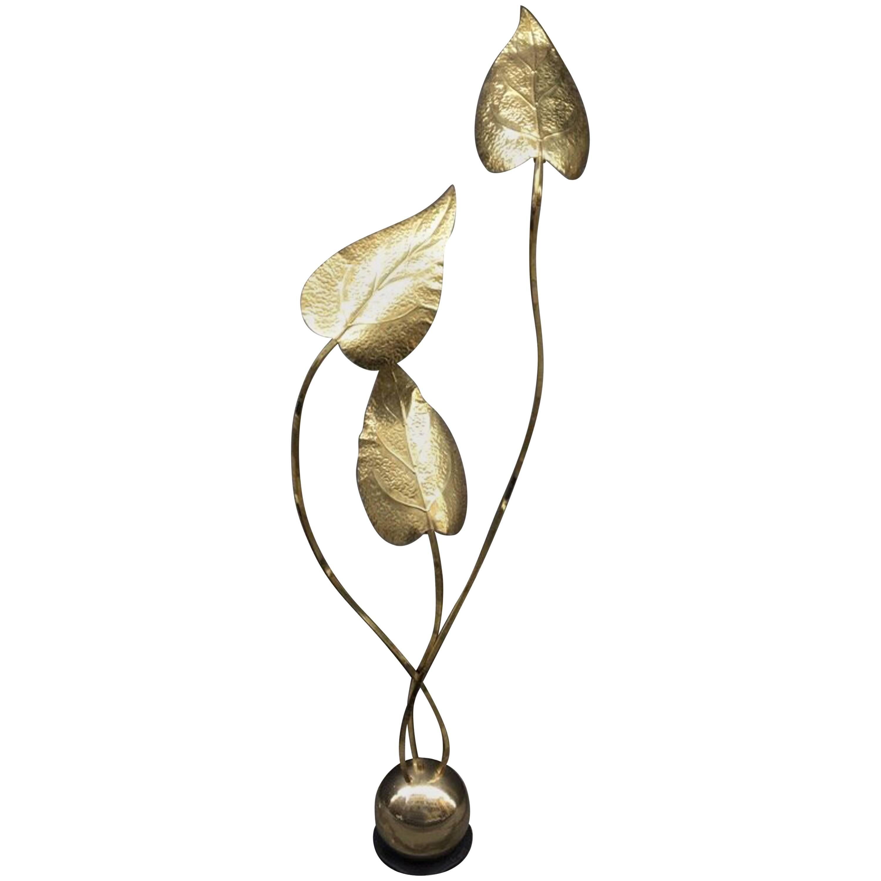 Italian Brass Floor Lamp by Tommaso Barbi Three Hammered Brass Leaves, 1980s