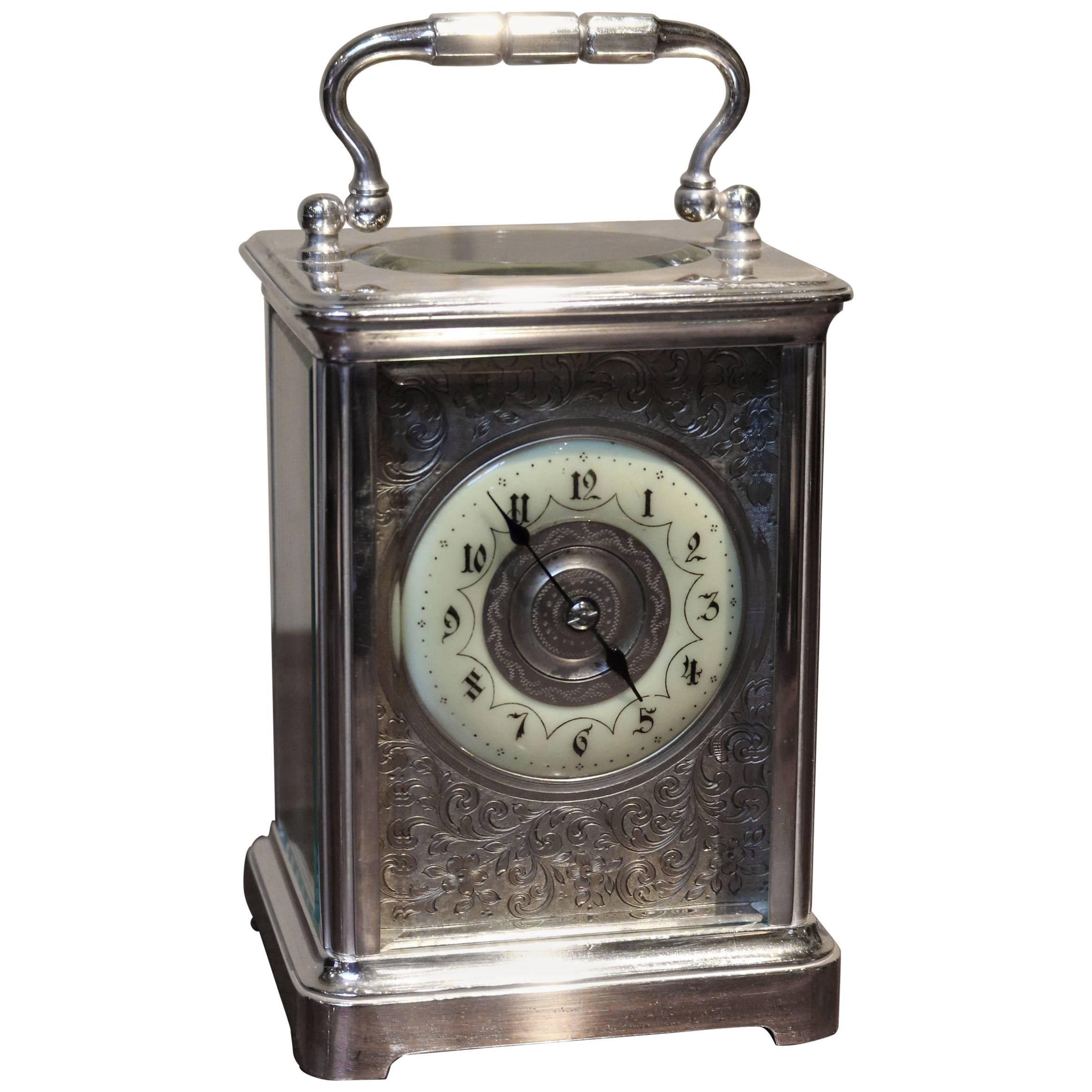 Large Silver Plated Striking Carriage Clock For Sale