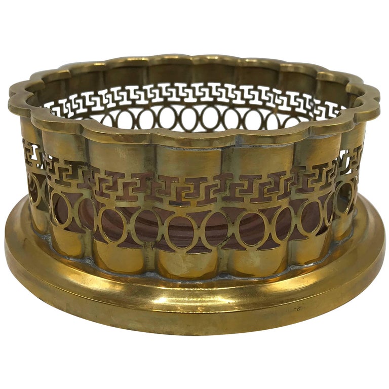 1960s Mottahedeh Brass and Walnut Wine Bottle Coaster with Greek Key Motif  at 1stDibs