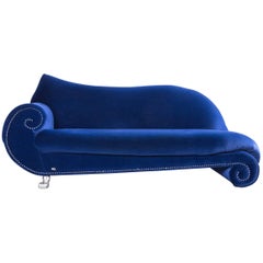 Bretz Gaudi Designer Sofa, Velours Fabric Blue Three-Seat Couch or Chaise Longue