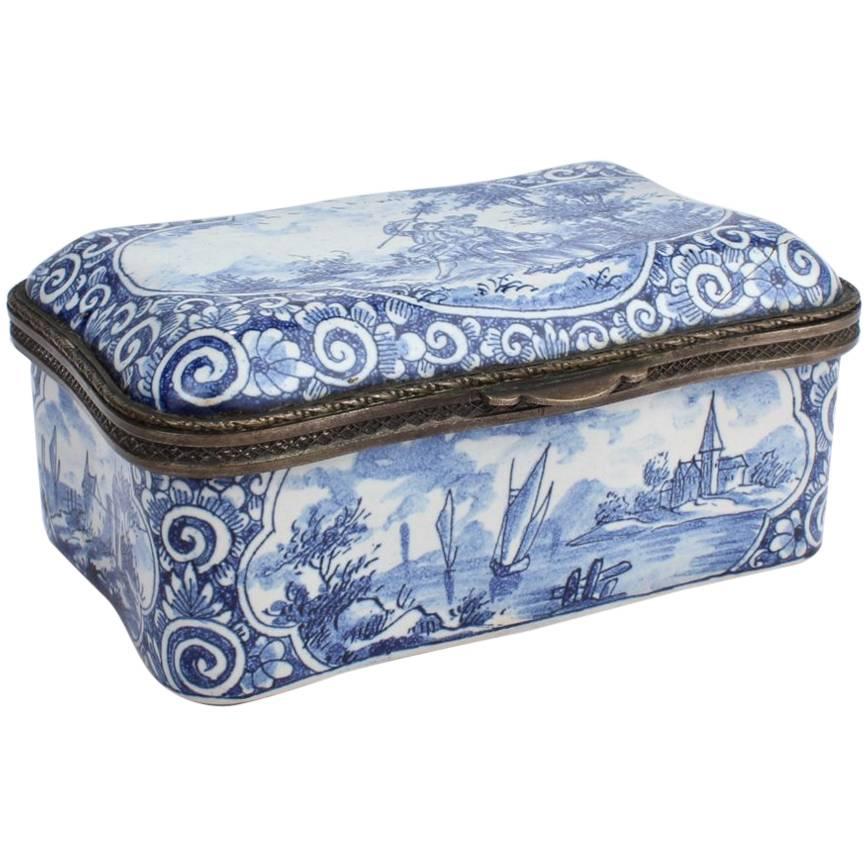 Antique Blue and White Delft Pottery Table Snuff Box or Casket