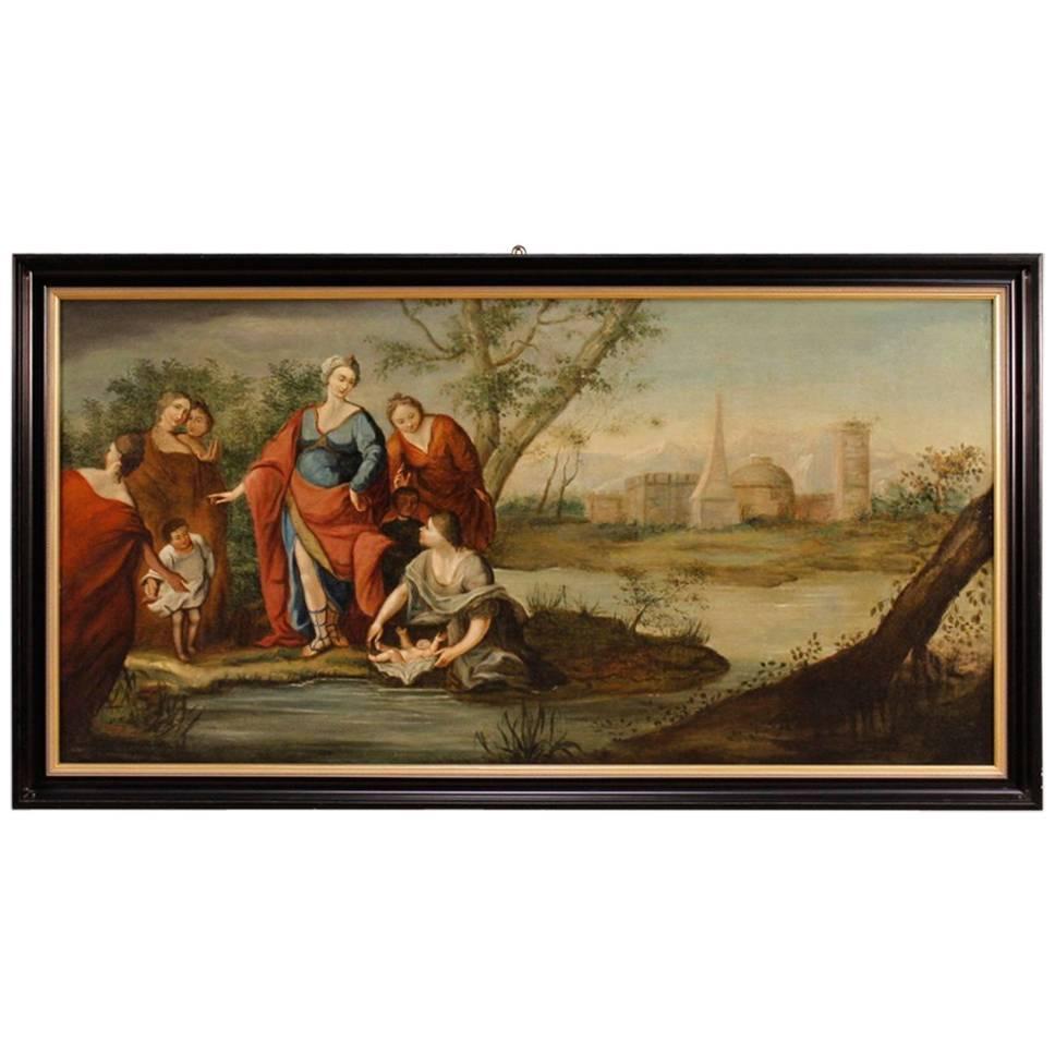 Antique French Religious Painting Biblical Scene Oil on Canvas from 18th Century