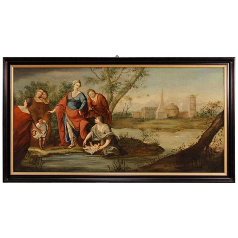Antique French Religious Painting Biblical Scene Oil on Canvas from