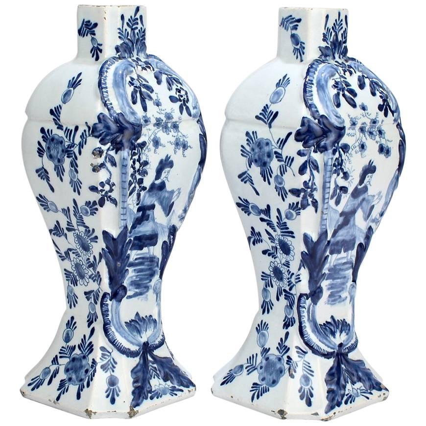 Pair of Antique Blue and White Dutch Delft Mantel Garniture Vases or Jars