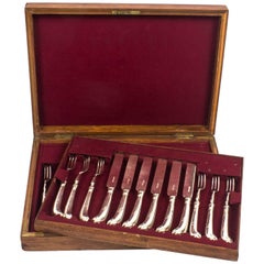 Antique Boxed Set of 12 Pairs Pistol Grip Fruit Forks and Knives, 1905