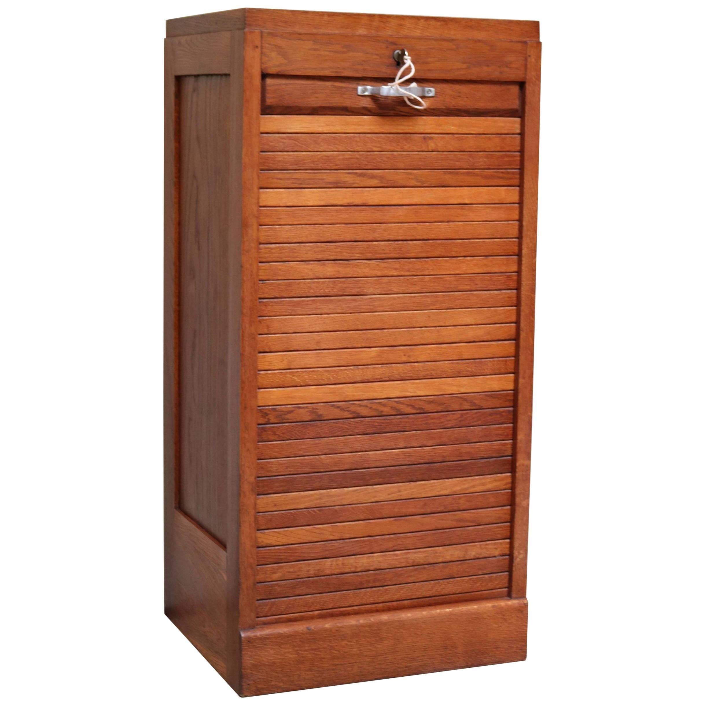 French Oak Single Tambour Front Filing Cabinet For Sale