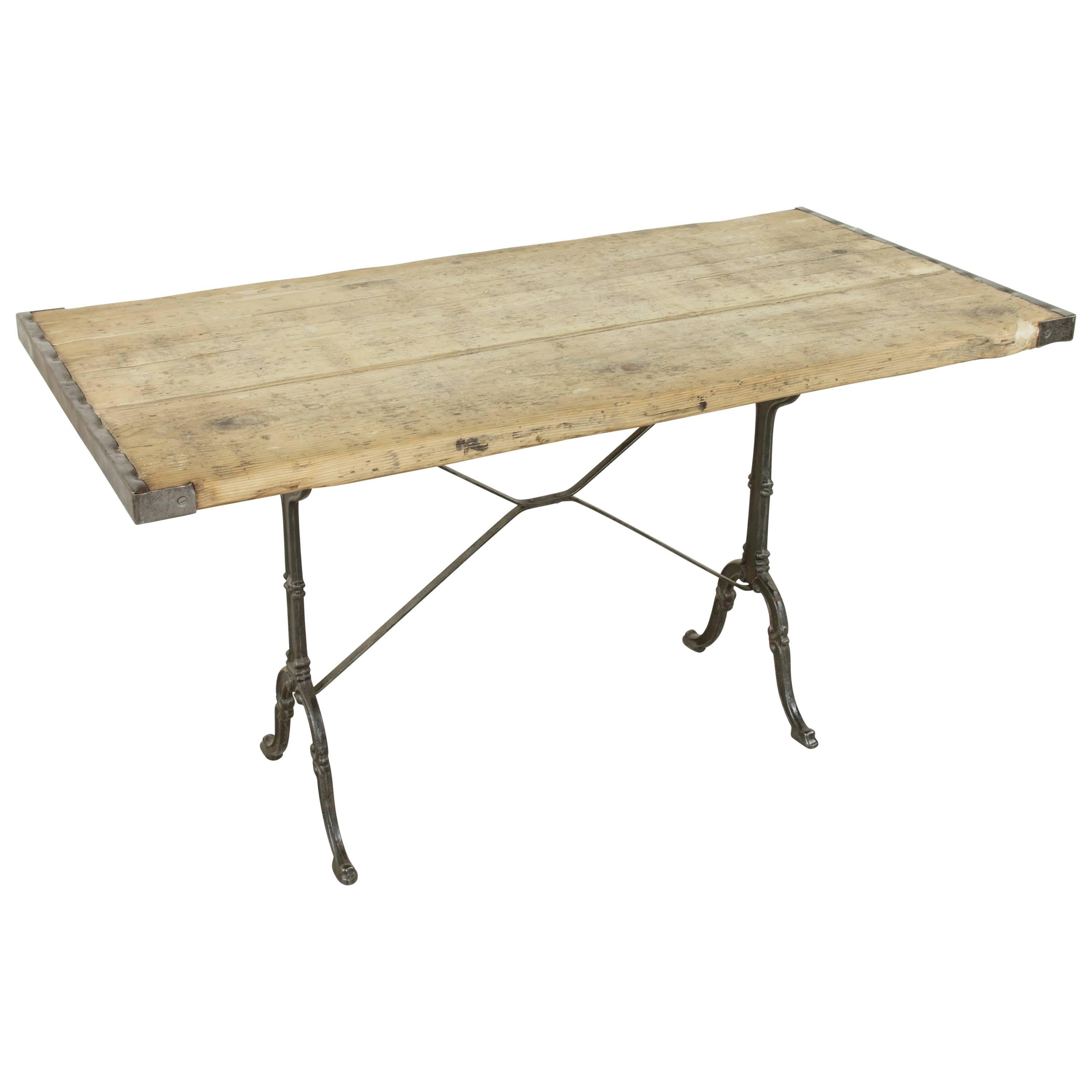 Early 20th Century French Cast Iron Bistro Table Cafe Table with Rustic Pine Top