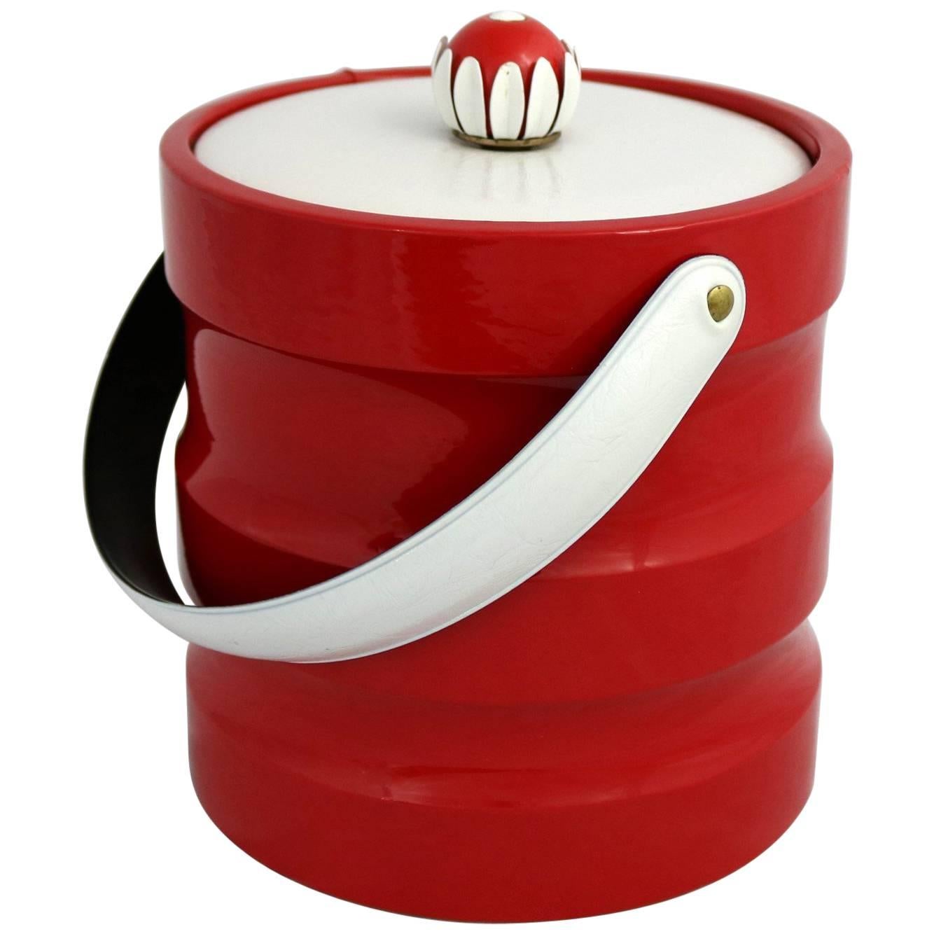Mid-Century Modern Ice Bucket Red Faux Patent Leather White Plastic & Daisy Knob For Sale