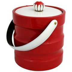 Vintage Mid-Century Modern Ice Bucket Red Faux Patent Leather White Plastic & Daisy Knob