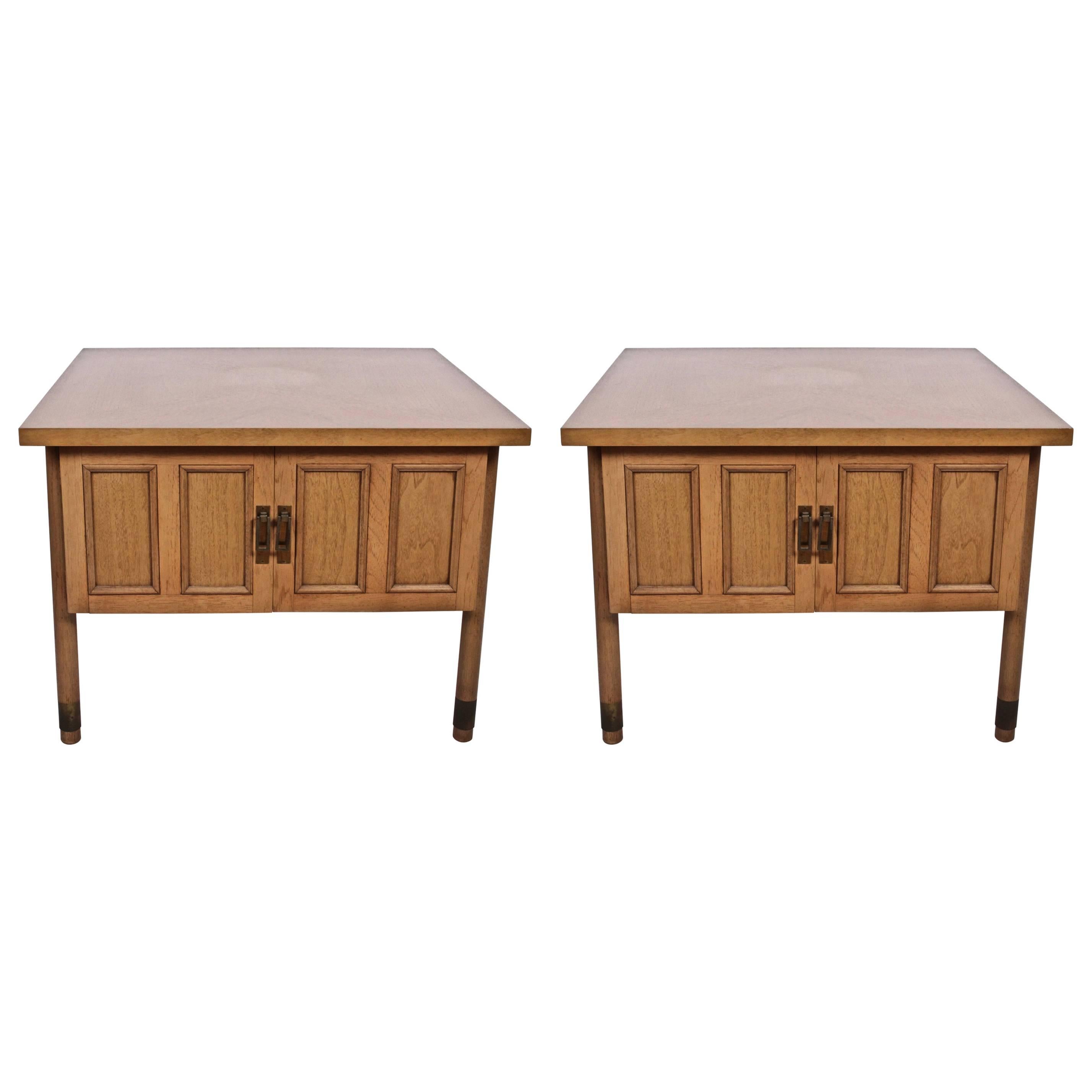 Pair Bleached Mahogany Chevron Inlay Latched End Tables, Nightstands, C. 1960