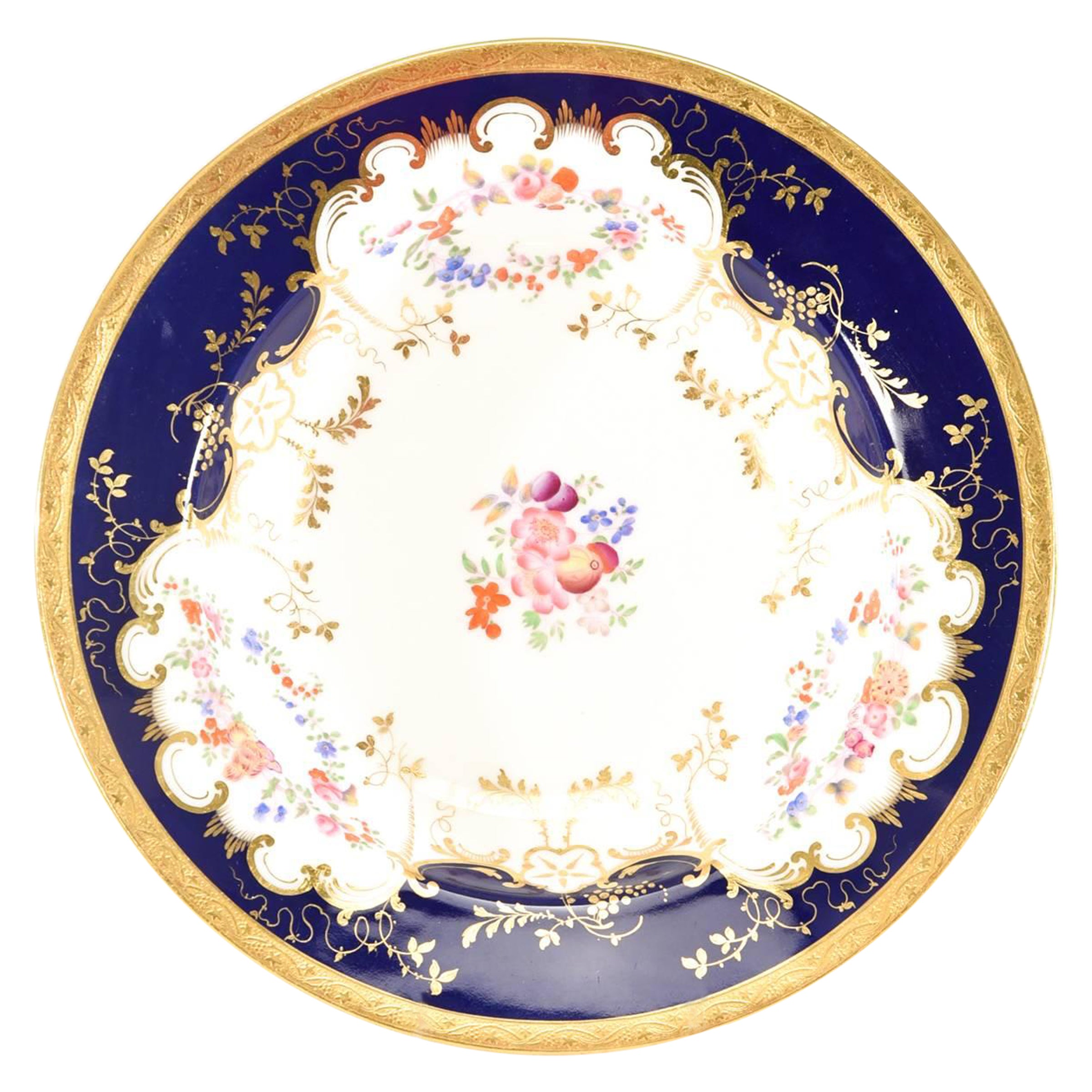 12 Minton 19. Jh. Große Suppenschalen mit gold-weißem Rand in Kobaltblau mit Blumenmuster