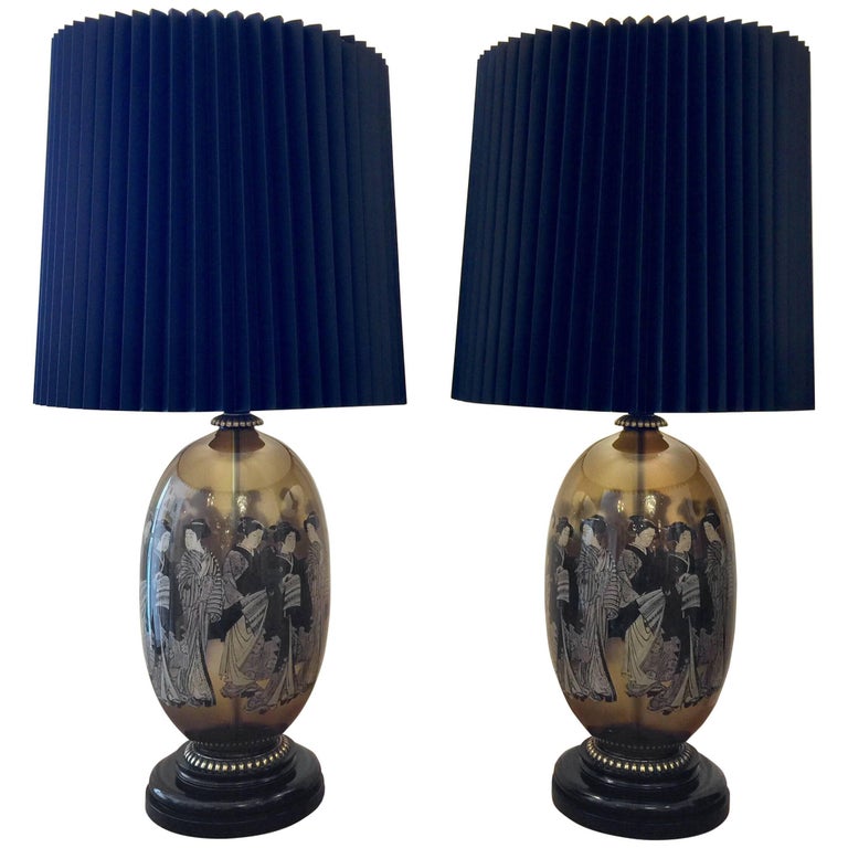 Spectacular Pair of MidCentury Chinoiserie Glass Lamps For Sale at 1stDibs