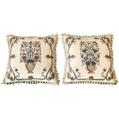 1960s Large Needlepoint Pillows with Urn and Floral Motif