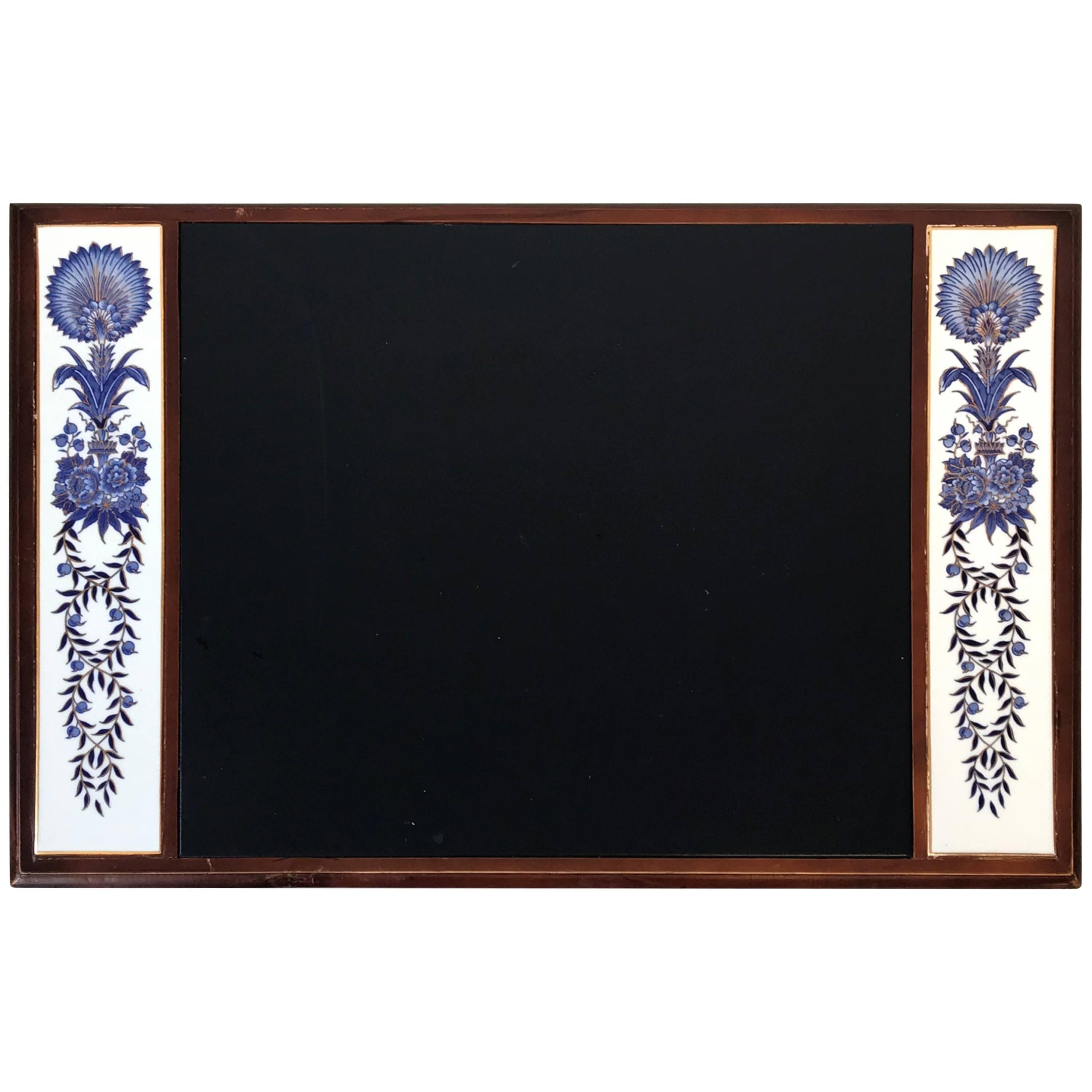 1980s Blue and White Chinoiserie Desk Pad with Leather Top