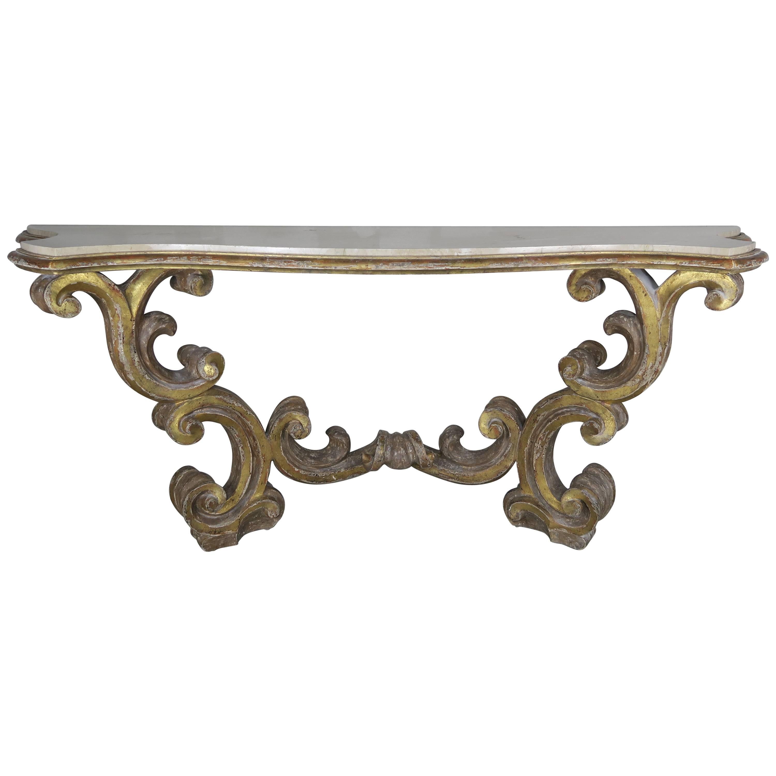 Italian Scrolled Giltwood Marble-Top Carved Console