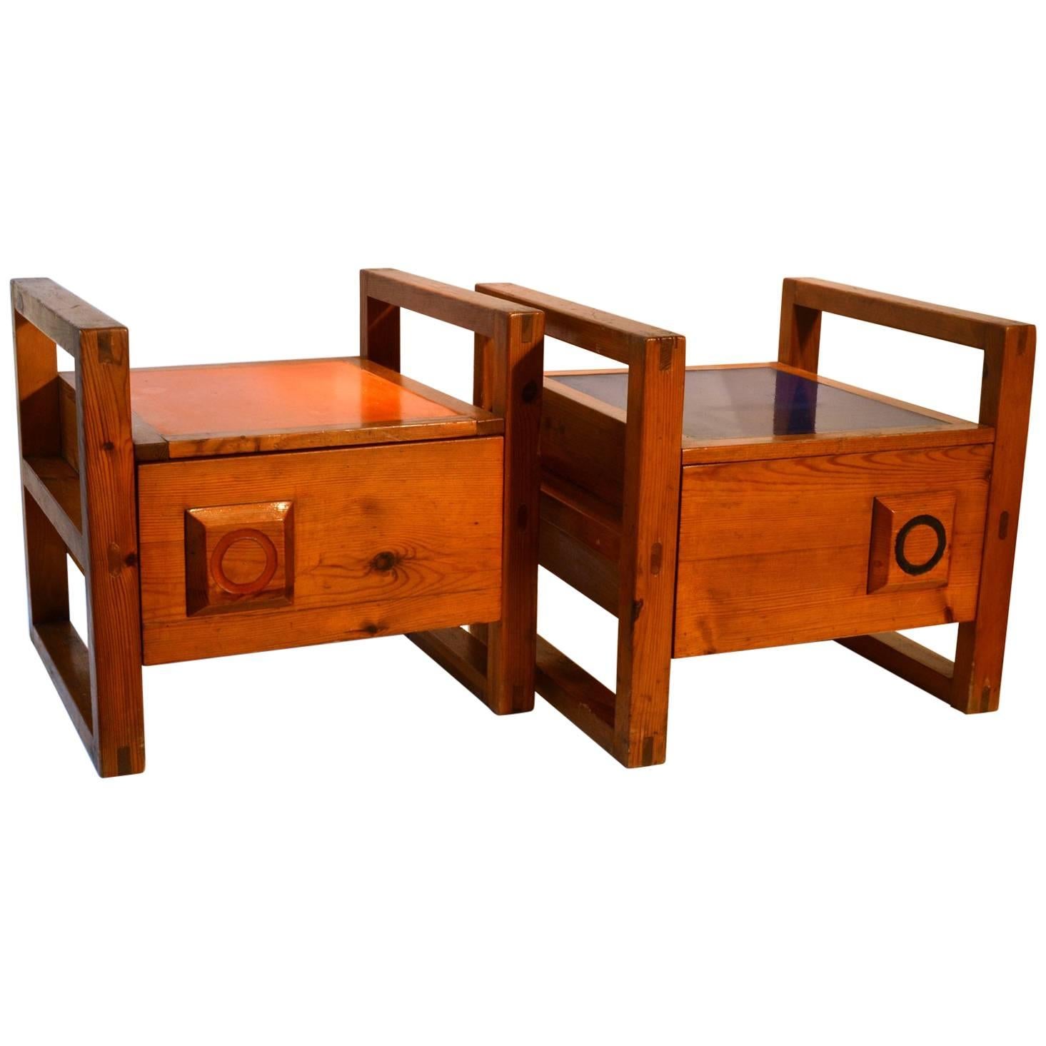 Pair of 1950s Modernist French Bed-side Tables with Orange and Blue Tops