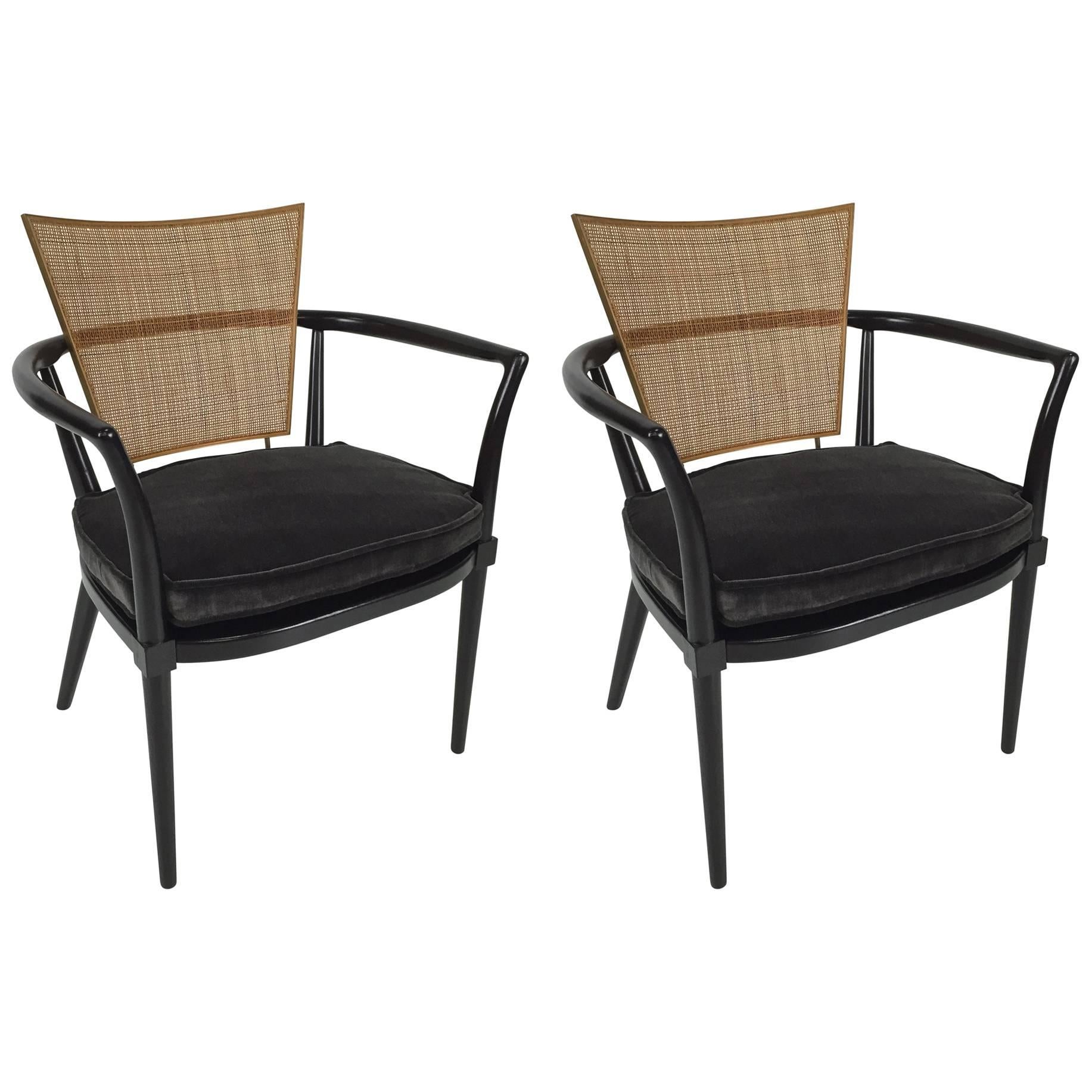 Pair of Walnut and Brass Armchairs with Cane Backs by Bert England for Johnson
