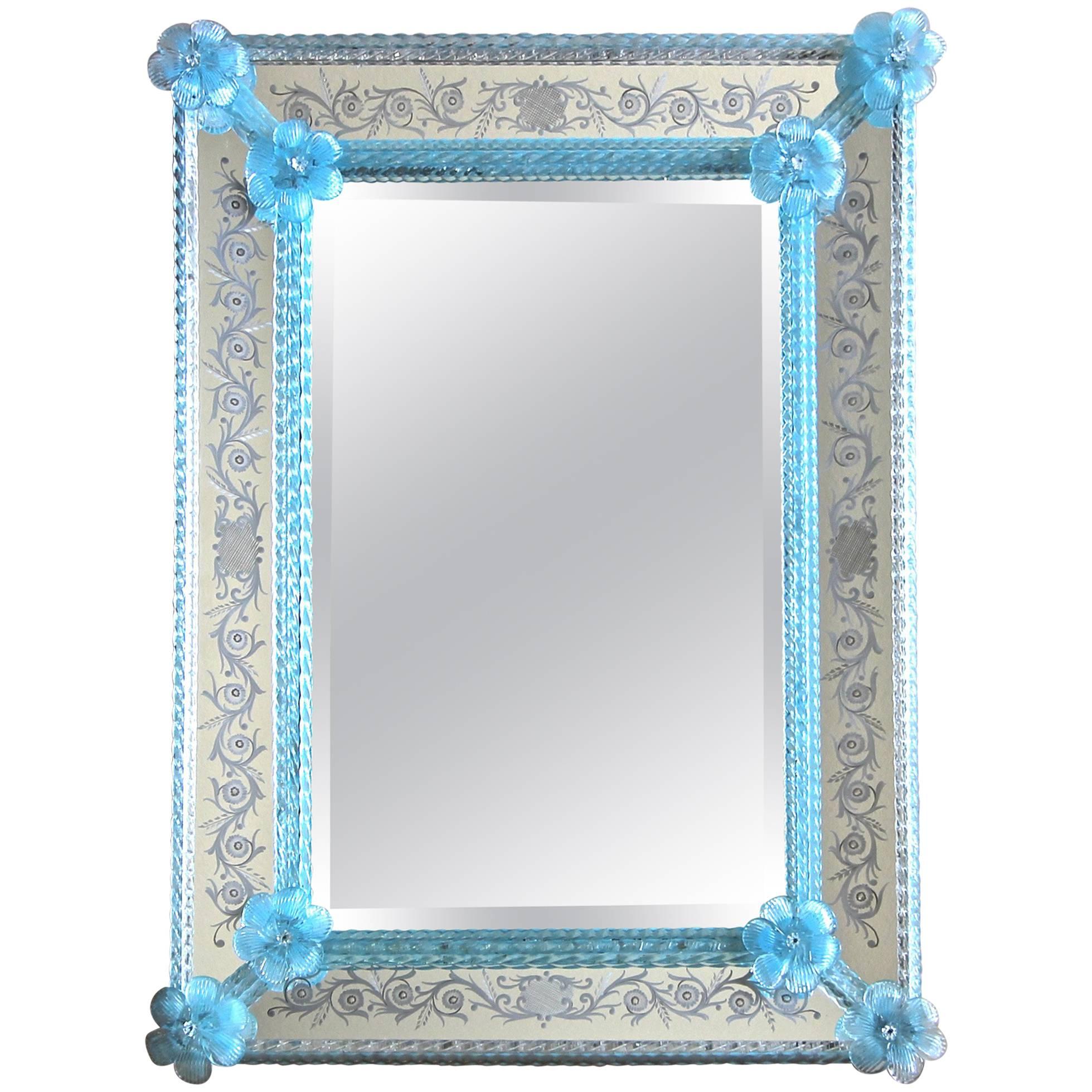 Murano Venetian Blue Floral Etched Wall Mirror