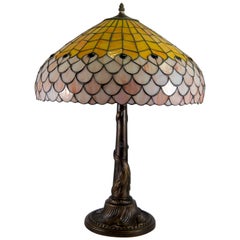 Tiffany Style Table Lamp with Stained Glass Shade on Bronze Base