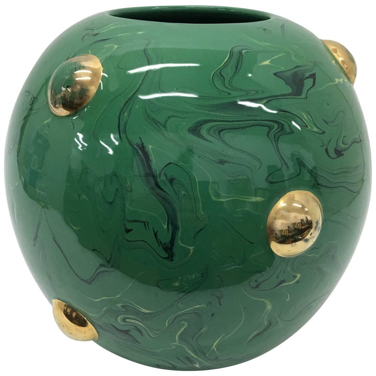 Batignani MidCentury Modern Italian Green Ceramic Round Vase circa