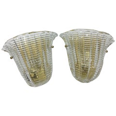 Two Mid-century Modern Italian Brass and Murano Glass Shell Wall Sconces c. 1970
