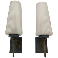 Two Mid-Century Modern Italian brass and blue painted metal Wall Sconces 1950