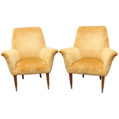 Pair of Mid-Century Italian Armchairs in Golden Velvet, circa 1950s