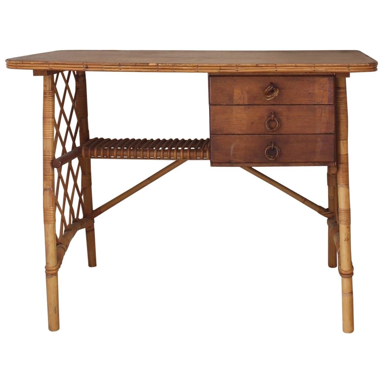 Rattan Desk or Vanity Table by Louis Sognot, circa 1950s