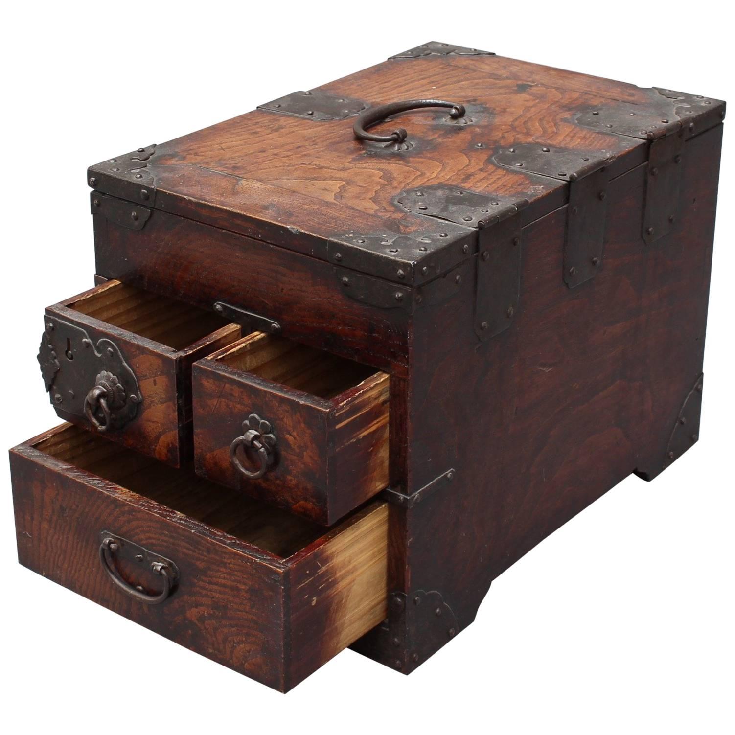 Antique Japanese Wooden Writing Box with Decorative Hardware 'Meiji Era'