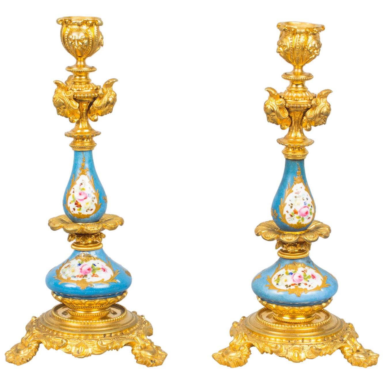 Antique Pair of Sèvres Porcelain Ormolu Candlesticks, 19th Century