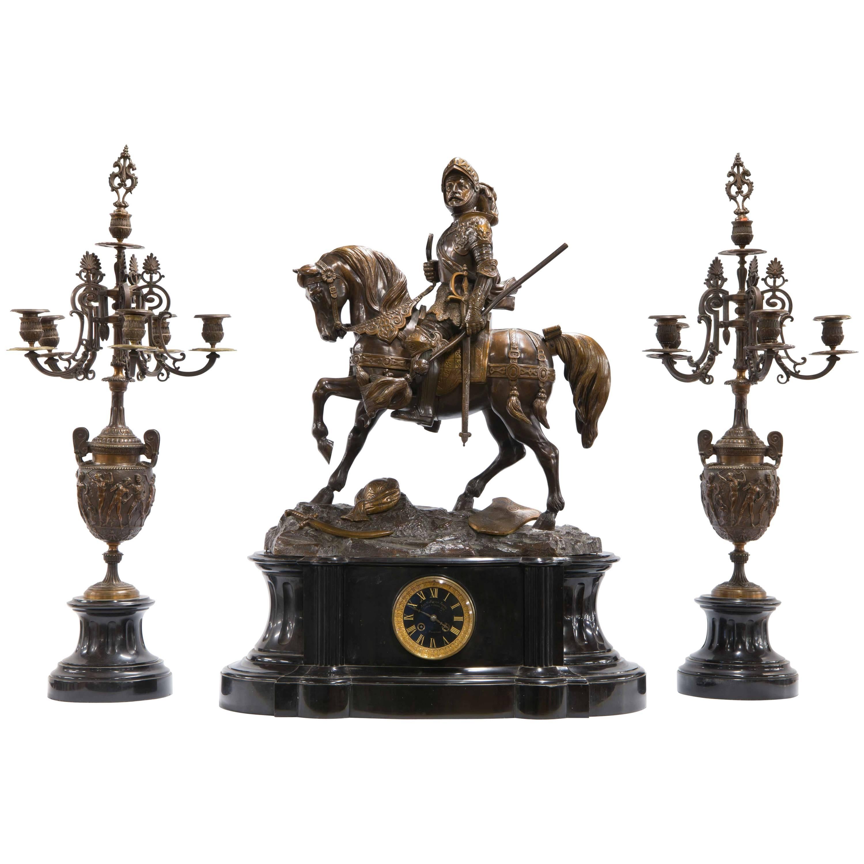 Theodore Gechter Mantle Clock with Candelabra in Bronze and with Marble, 1880 For Sale